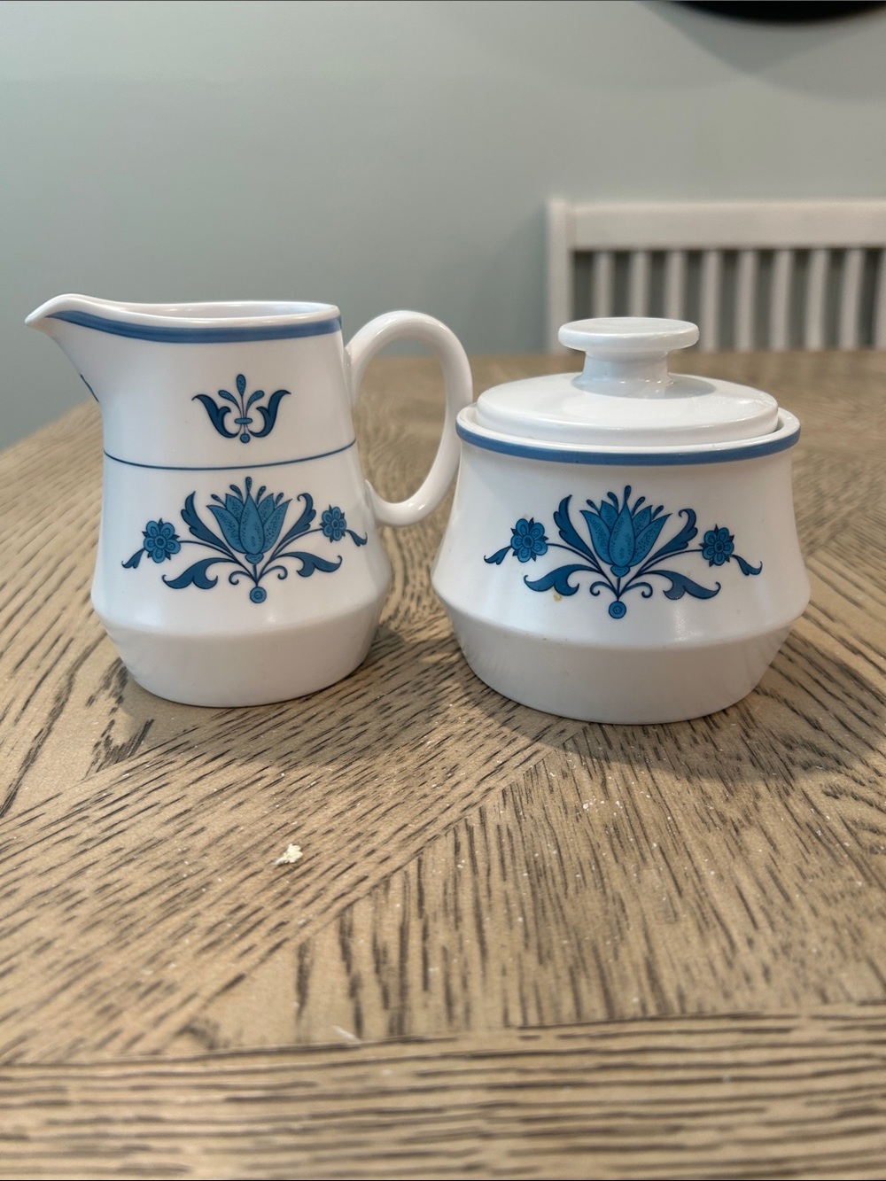 Noritake White Porcelain Creamer and Sugar Bowl with Blue Haven pattern